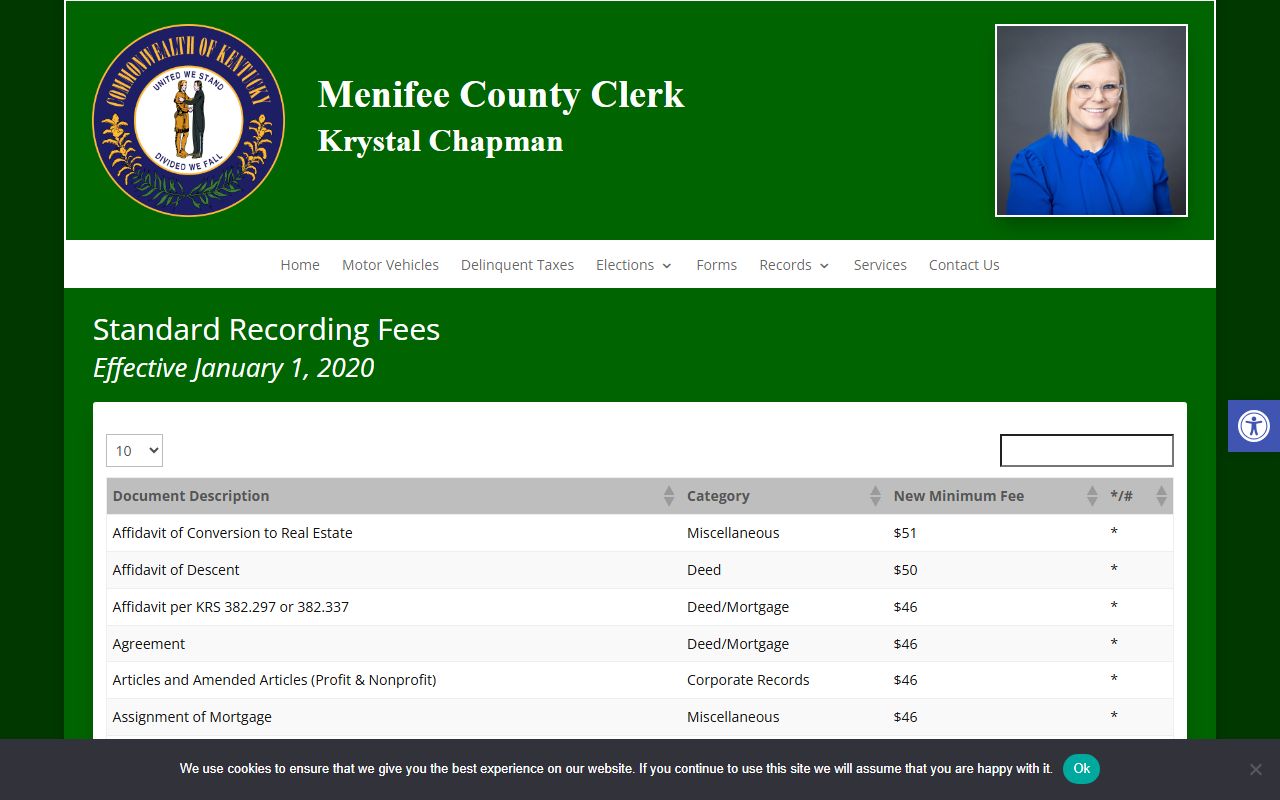 Menifee County Circuit Court Clerk records County Clerk recording fees distinction