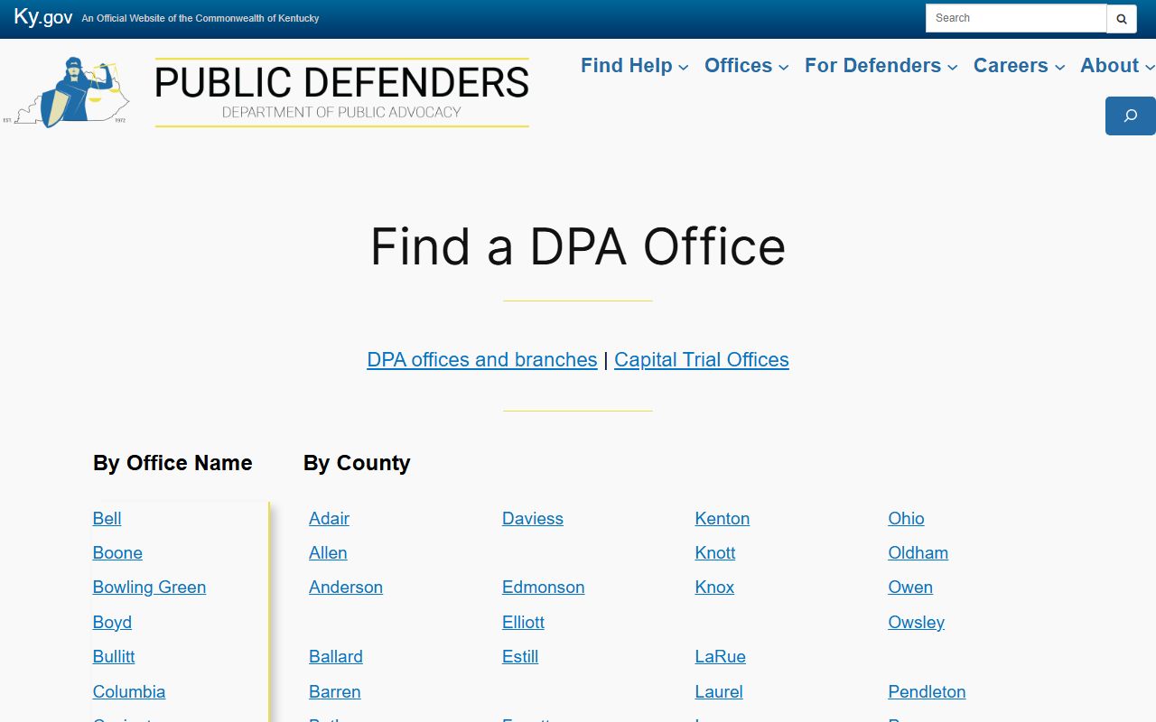 Kentucky Department of Public Advocacy office finder for public defender help