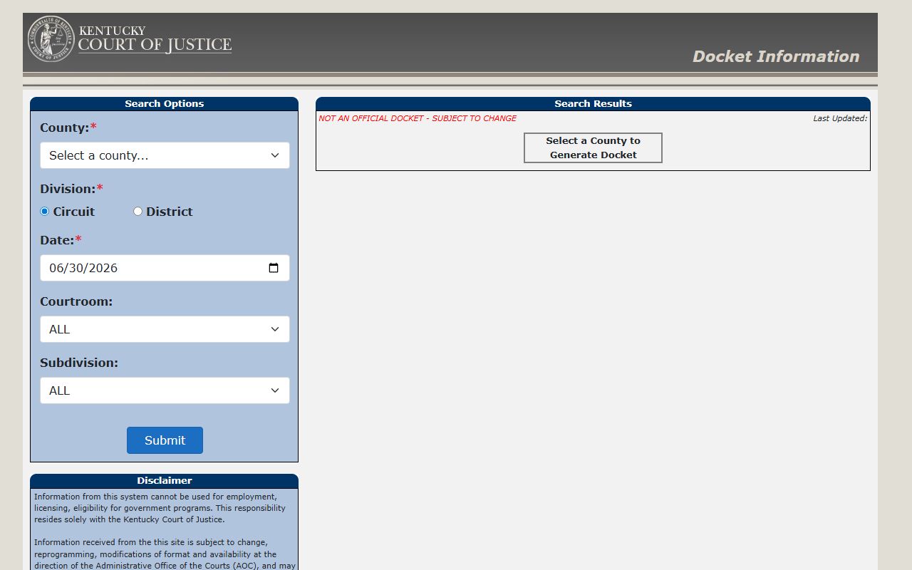 Menifee County court dockets search screen