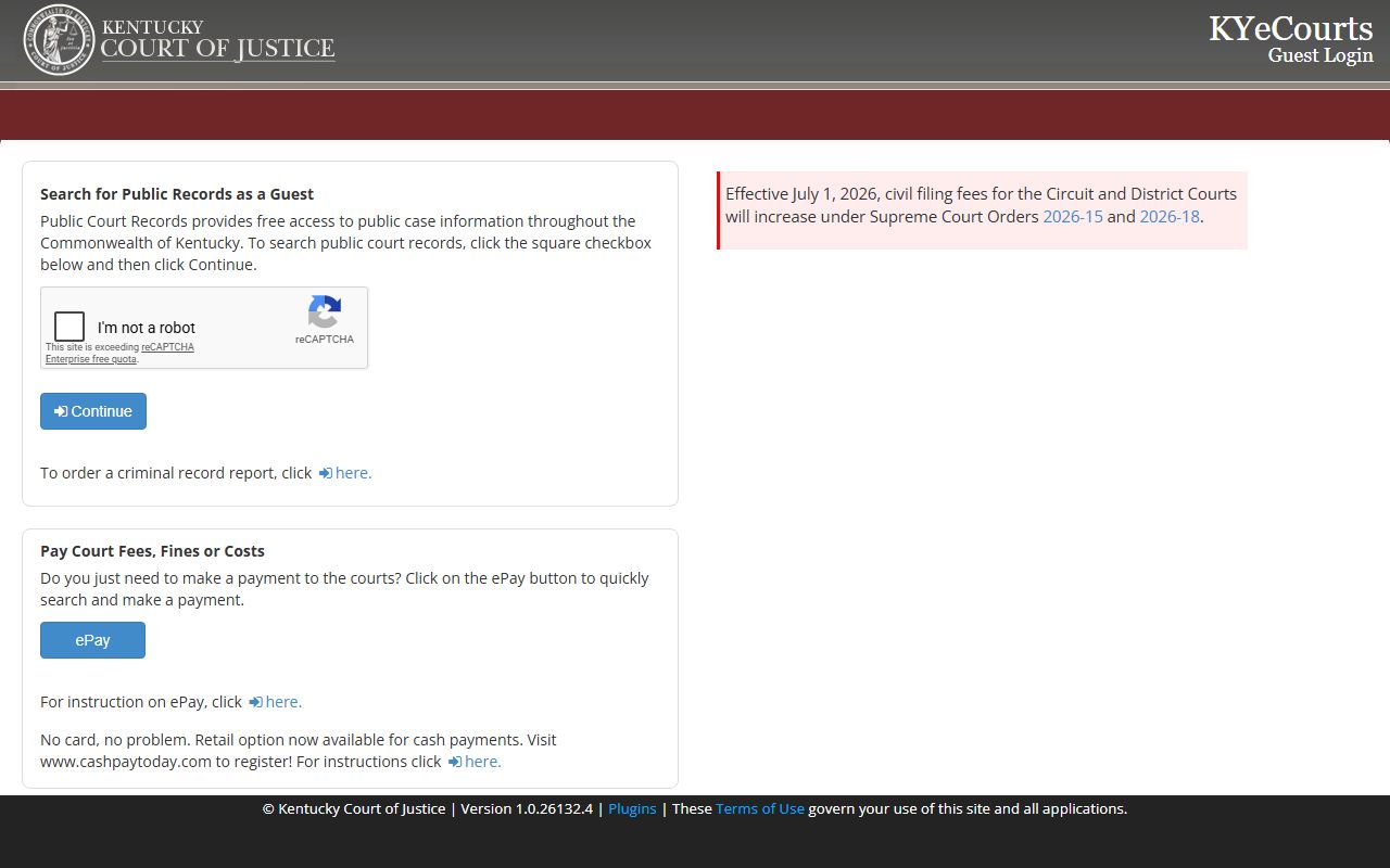 Menifee County court records KYeCourts guest access screen