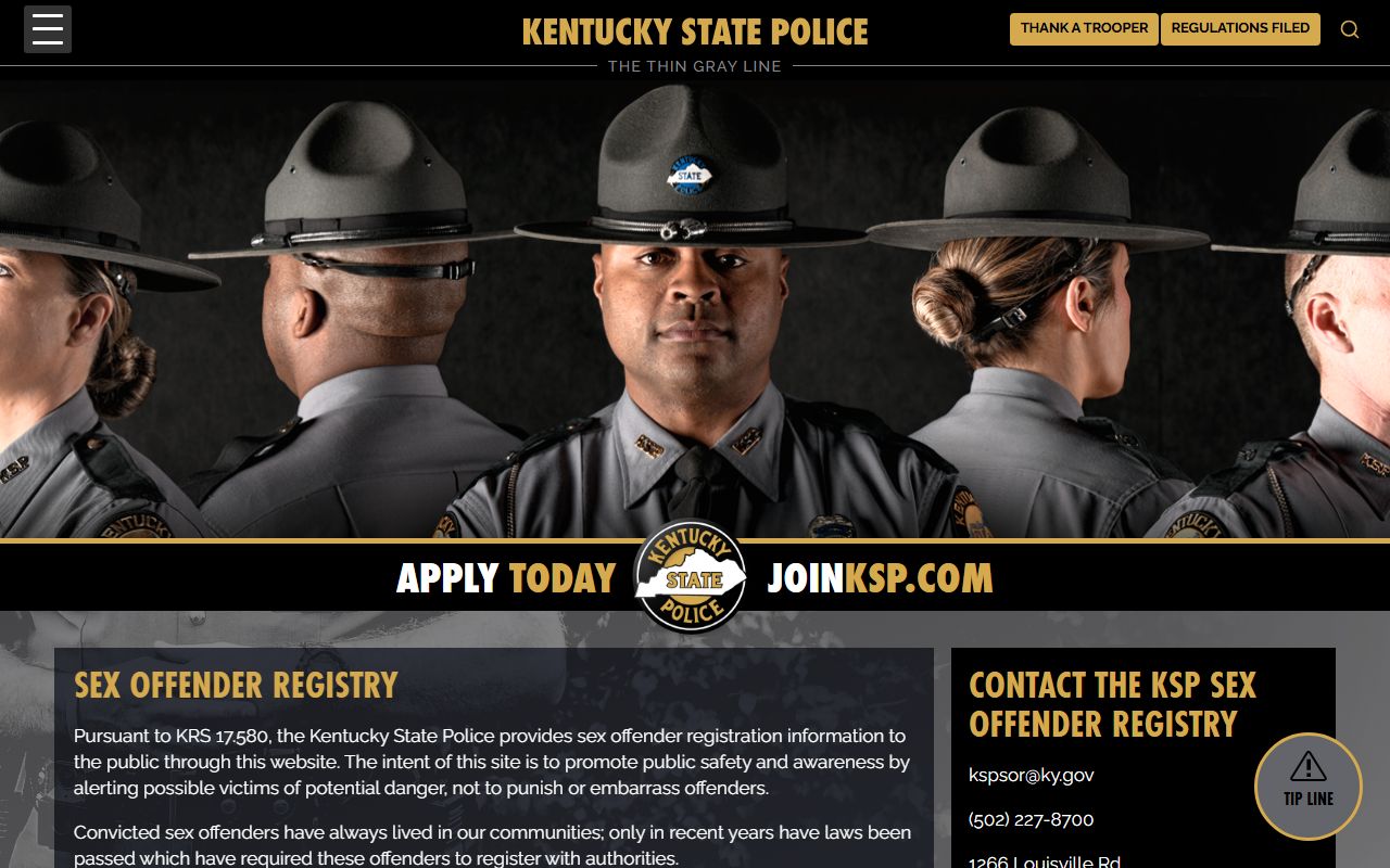 Kentucky State Police sex offender registry information page