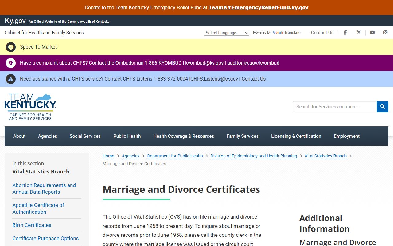 Menifee County marriage and divorce records Kentucky Office of Vital Statistics