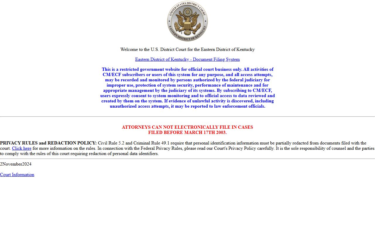 Menifee County divorce records Eastern District CM ECF federal filing
