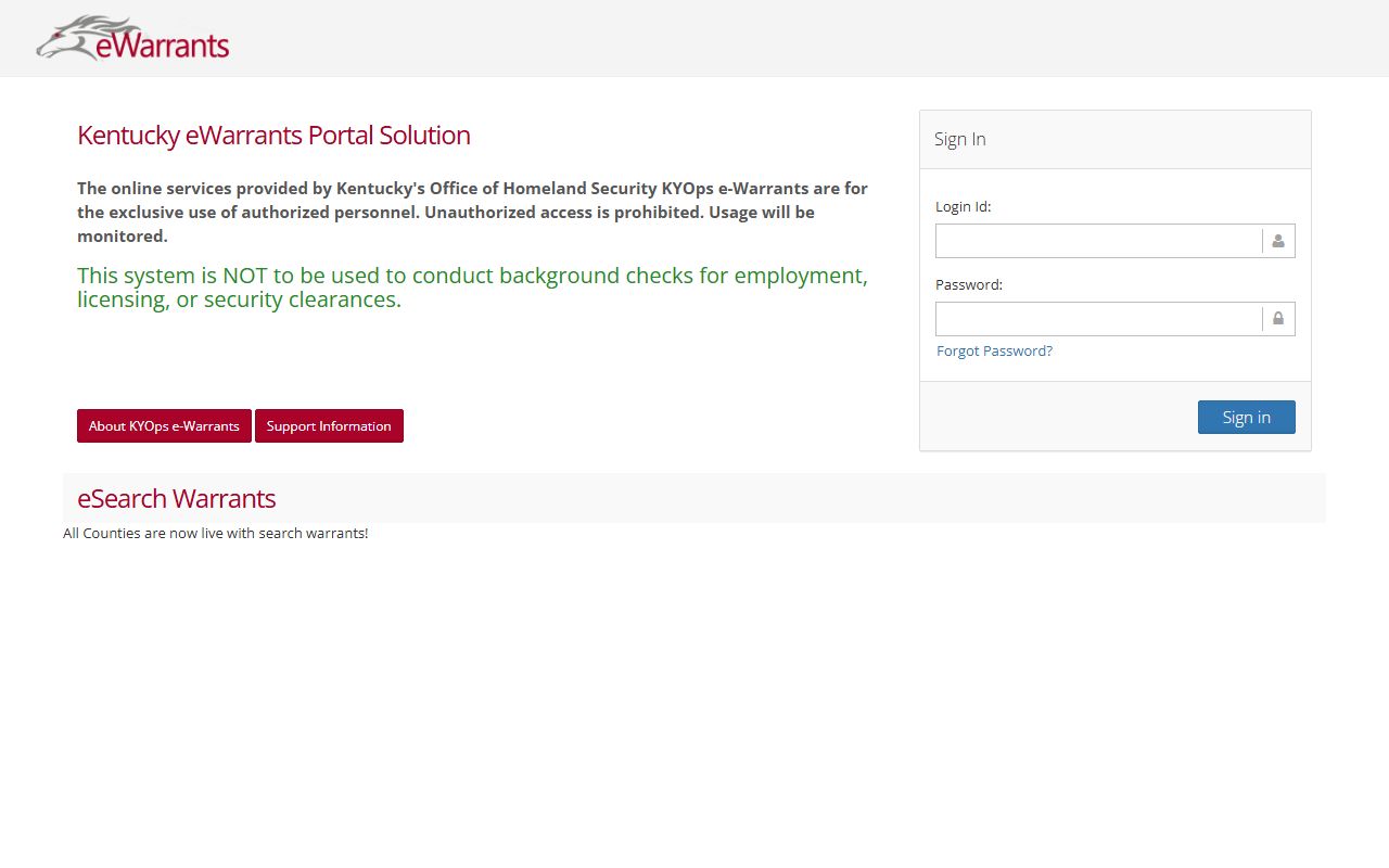 Kentucky eWarrants restricted portal notice